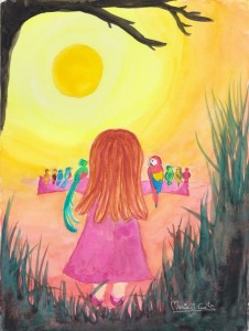 Birds Sunset girl MariaJCuesta. Children’s Books. Art. Illustration.