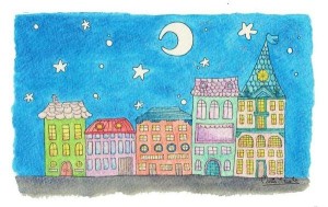 Houses night MariaJCuesta. Children’s Books. Art. Illustration.