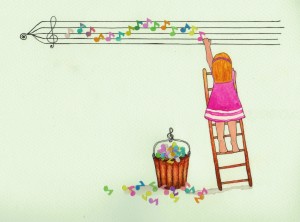 Music notes lines MariaJCuesta. Children’s Books. Art. Illustration.